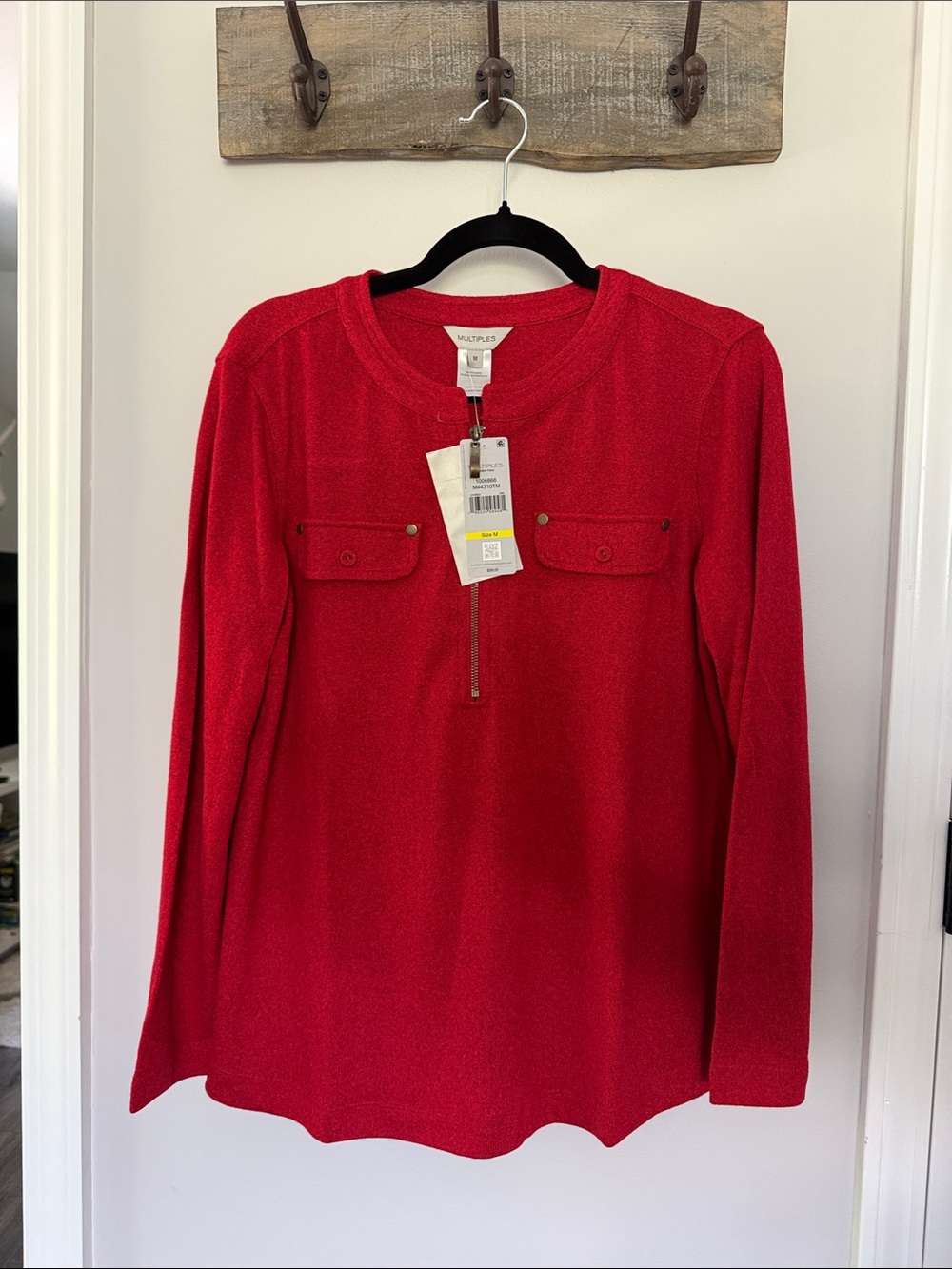 Multiples Bright Red Half-Zip Long Sleeve Top Size Medium NWT